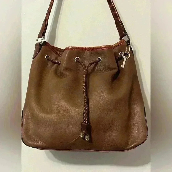 Vintage Fossil Brown Hobo Leather Bucket Shoulder Woven Handle Drawstring Bag - Picture 16 of 16